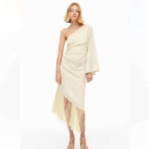 Beige Asymmetrical Fringe Midi Dress Size Large
